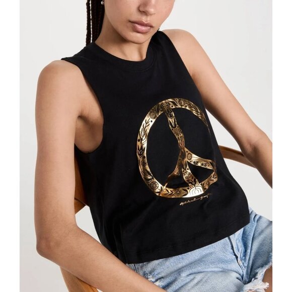 SPIRITUAL GANGSTER Peace Crop Muscle Tank Top M Black Gold Graphic Cotton Blend - Picture 5 of 11